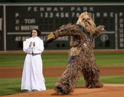 Chewbacca throws first pitch at a Red Sox game.