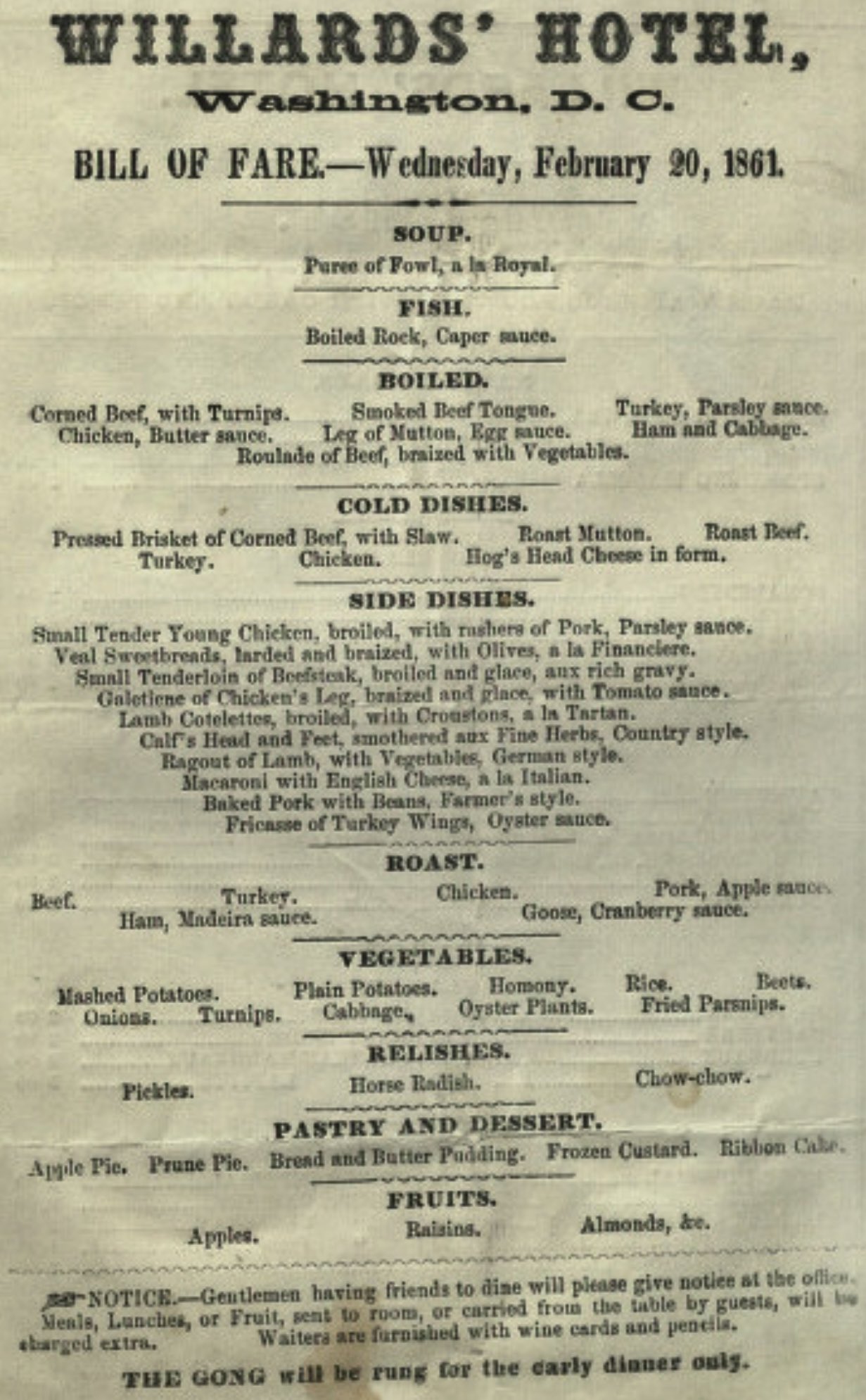 Menu at Willards Hotel - Feb 20 1861
